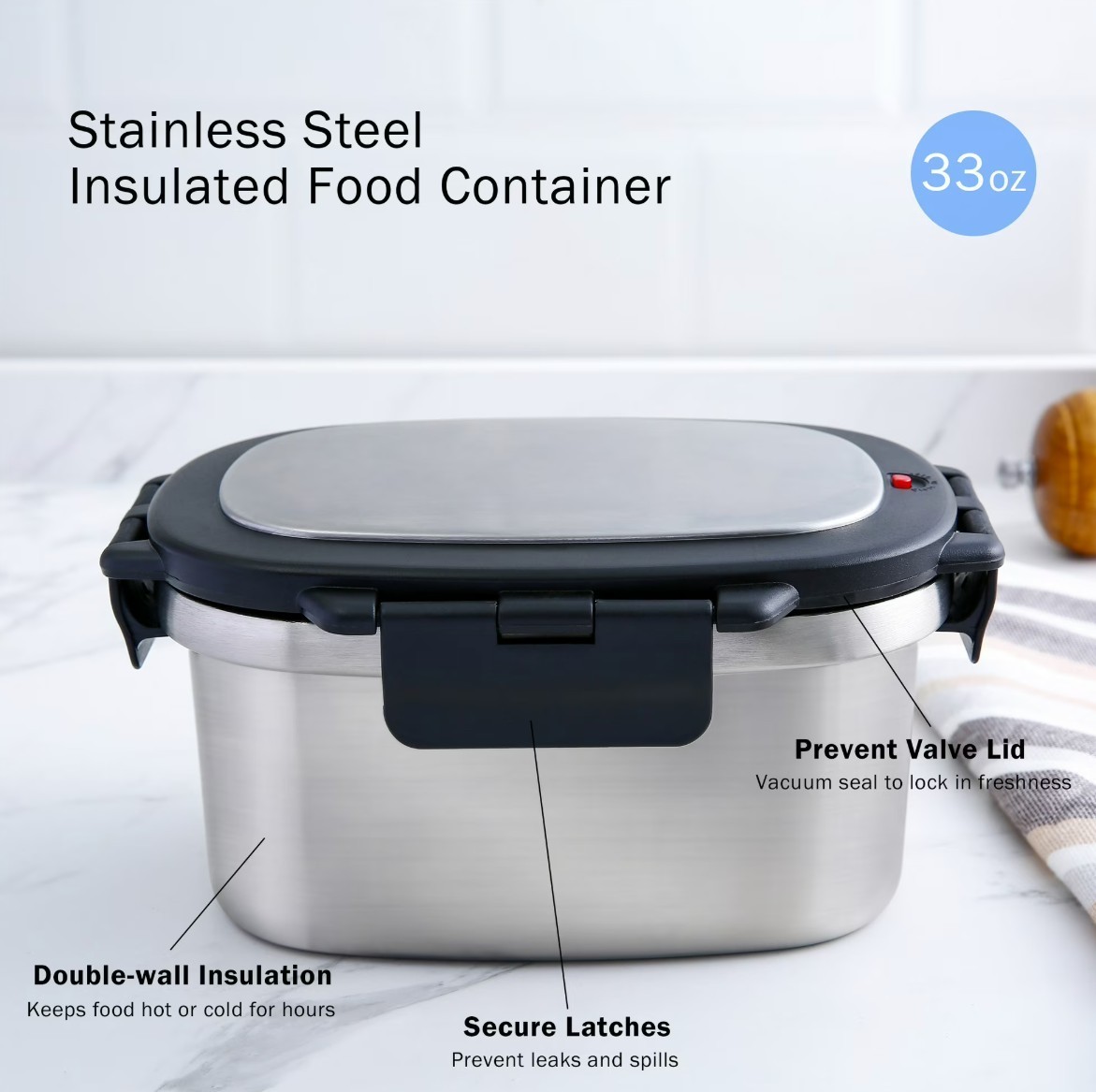 SALE-2 Pack Mainstays 33 oz Stainless Steel Insulated Food Storage Container Box