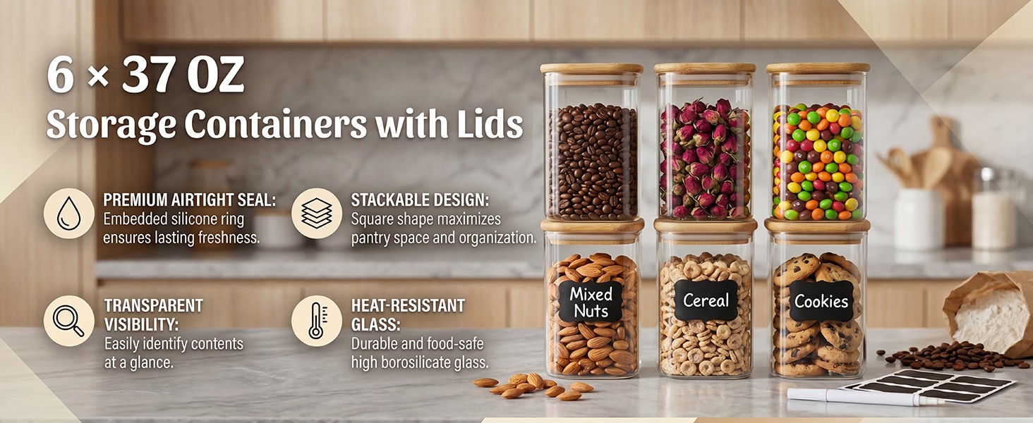 37 Oz Glass Storage Jars with Bamboo Lids – 6 Pack Clear Glass Canisters Square