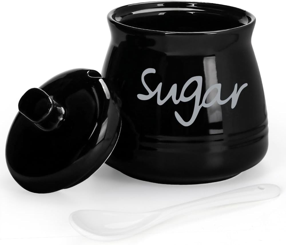 Porcelain Sugar Bowl with Lid and Spoon, 12 Ounces Ceramic 12oz, Black