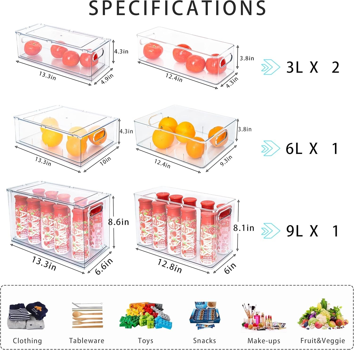 4 pack Stackable Fridge Drawers Pull-Out Bins Divided Produce Saver Containers