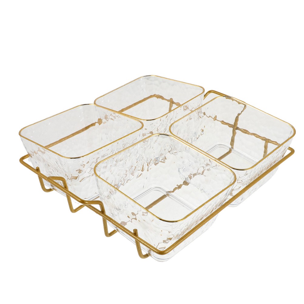 Four Compartment Clear Acrylic Snack Tray Bowl With Metal Rack For Serving