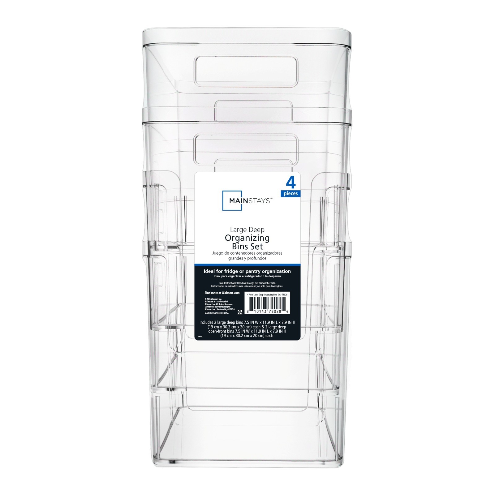 Mainstays 4-Piece Clear Plastic Pantry Storage Bin Organizer Set, Kitchen Cabine