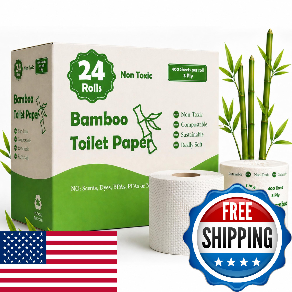 Sustainable Consumables 24 Rolls Healthy Organic Bamboo Toilet Paper 3-Ply 400