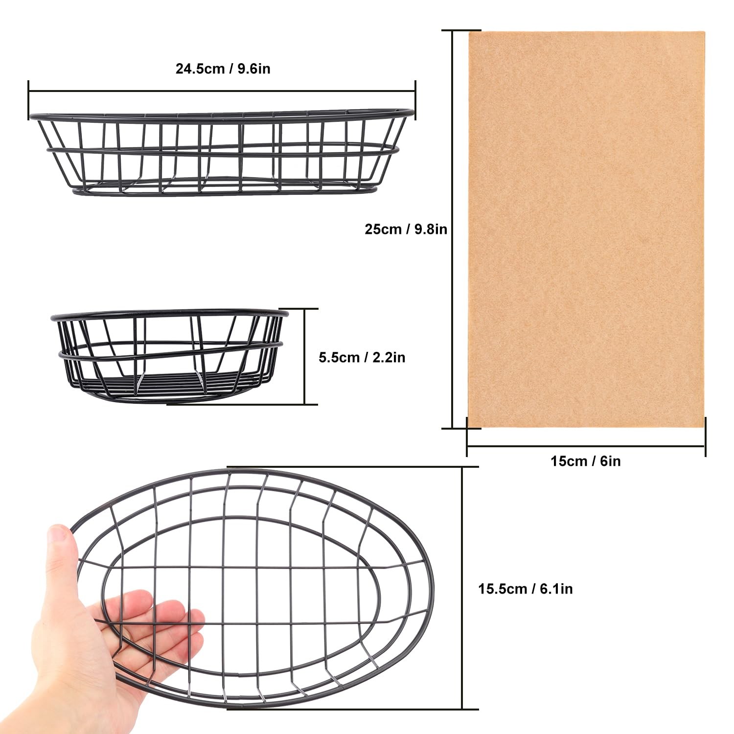 12 PCS Oval Wire Bread Basket 9.5×6.2×2.17 Inch 50 Sheets Deli Wrapper Black
