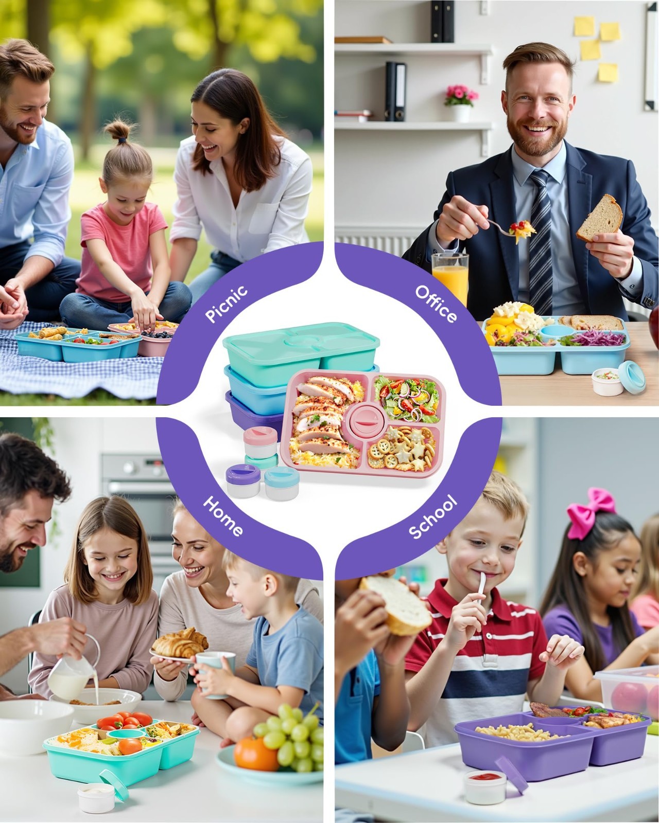 4 Pcs Divided Bento Snack Box Containers, Stackable Meal Prep Lunch Boxes with L