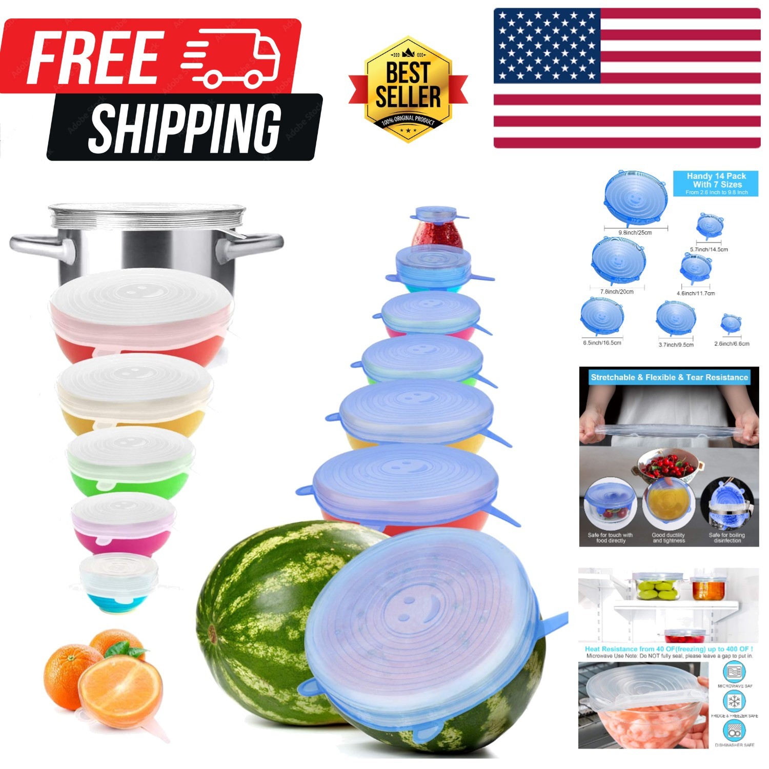Flexible Silicone Stretch & Seal Lids – 14 PCS Food Storage Set, BPA-Free