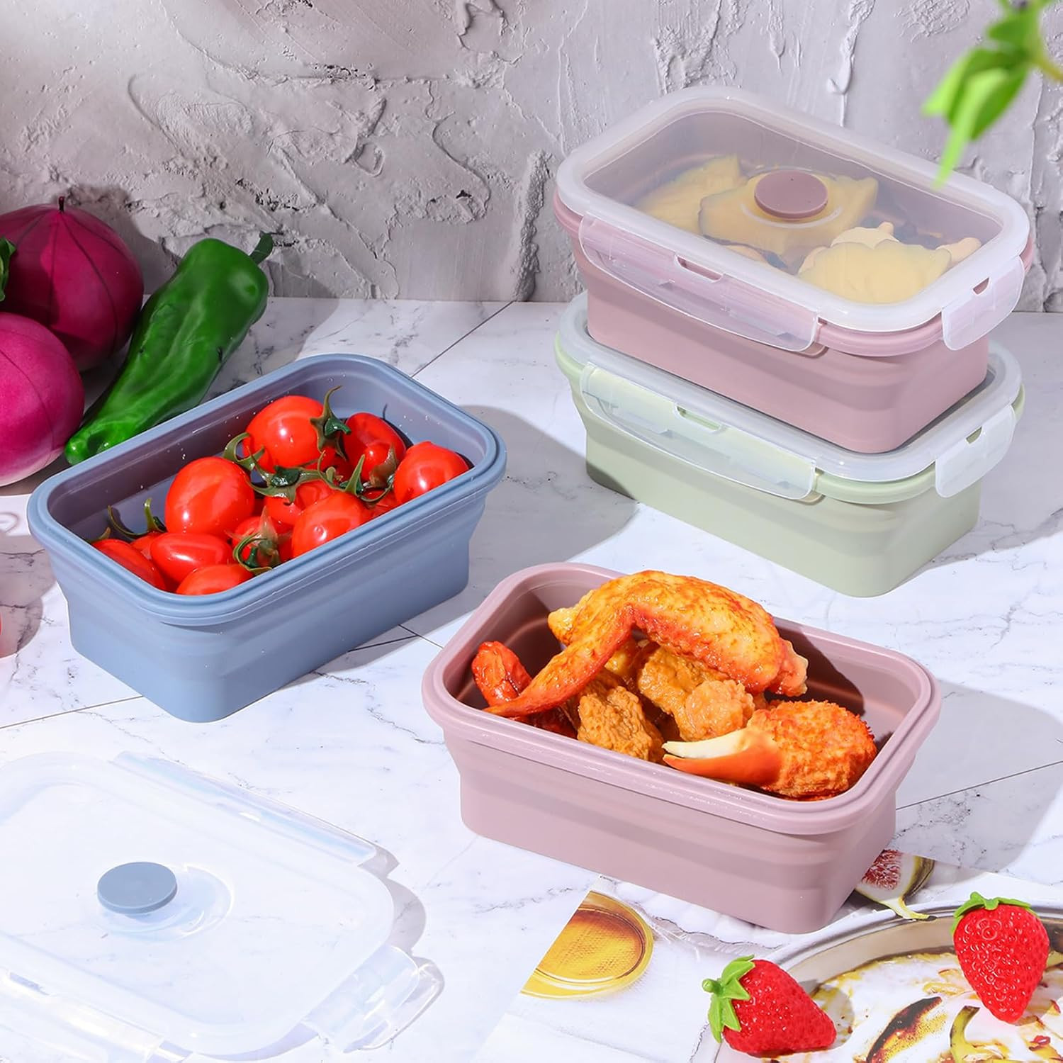 6 Pcs Silicone Containers for Food Collapsible Food Storage Containers with Airt
