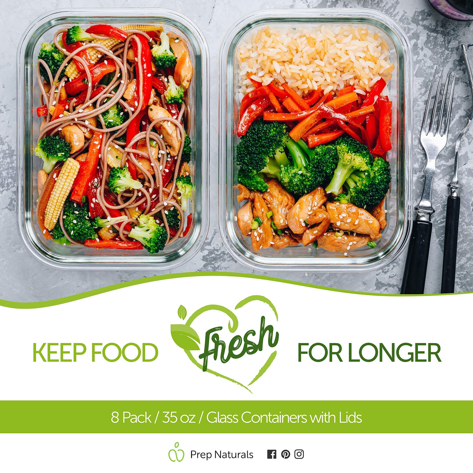 PrepNaturals 8 Pack 36 Oz Glass Meal Prep Containers – Dishwasher Microwave F…