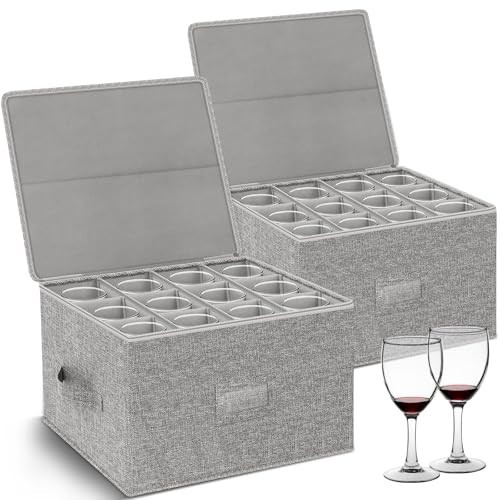 Wine Glass Storage Box with Dividers, 2-Pack Stemware Storage Containers w/Hard