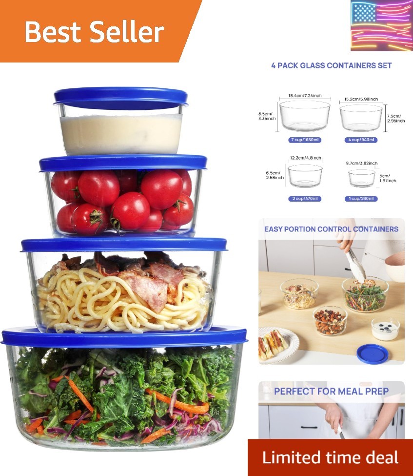 4 Pack Glass Bowls with Lids 1, 2, 4, 7 Cup, Food Storage Containers, Meal Pr…
