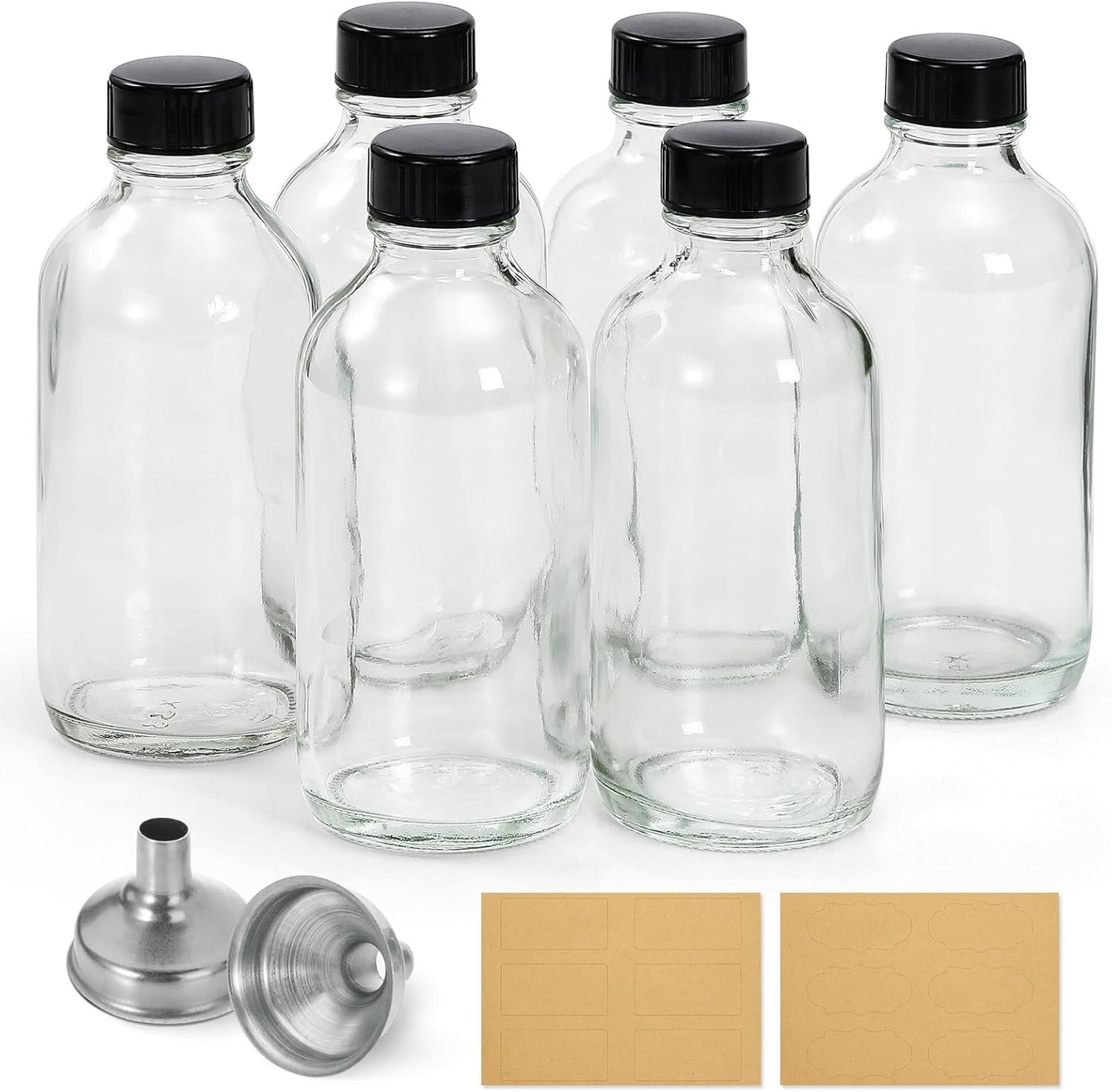 6 Pack, 4 oz Small Clear Glass Bottles with Lids & 2 Stainless Steel Funnels …