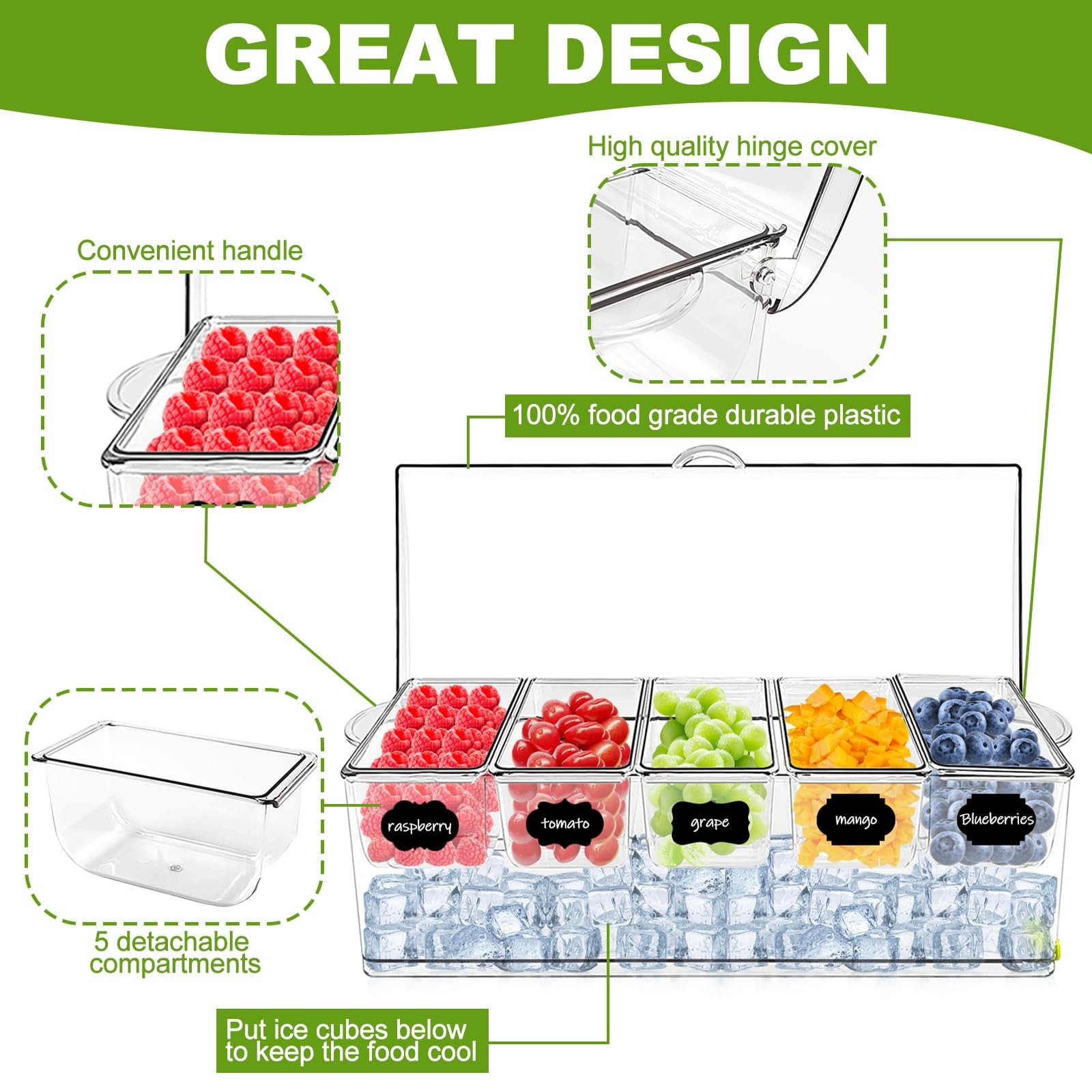 Ice Chilled Condiment Server Caddy, Bar Fruit Caddy with Lid and 5 Removable …