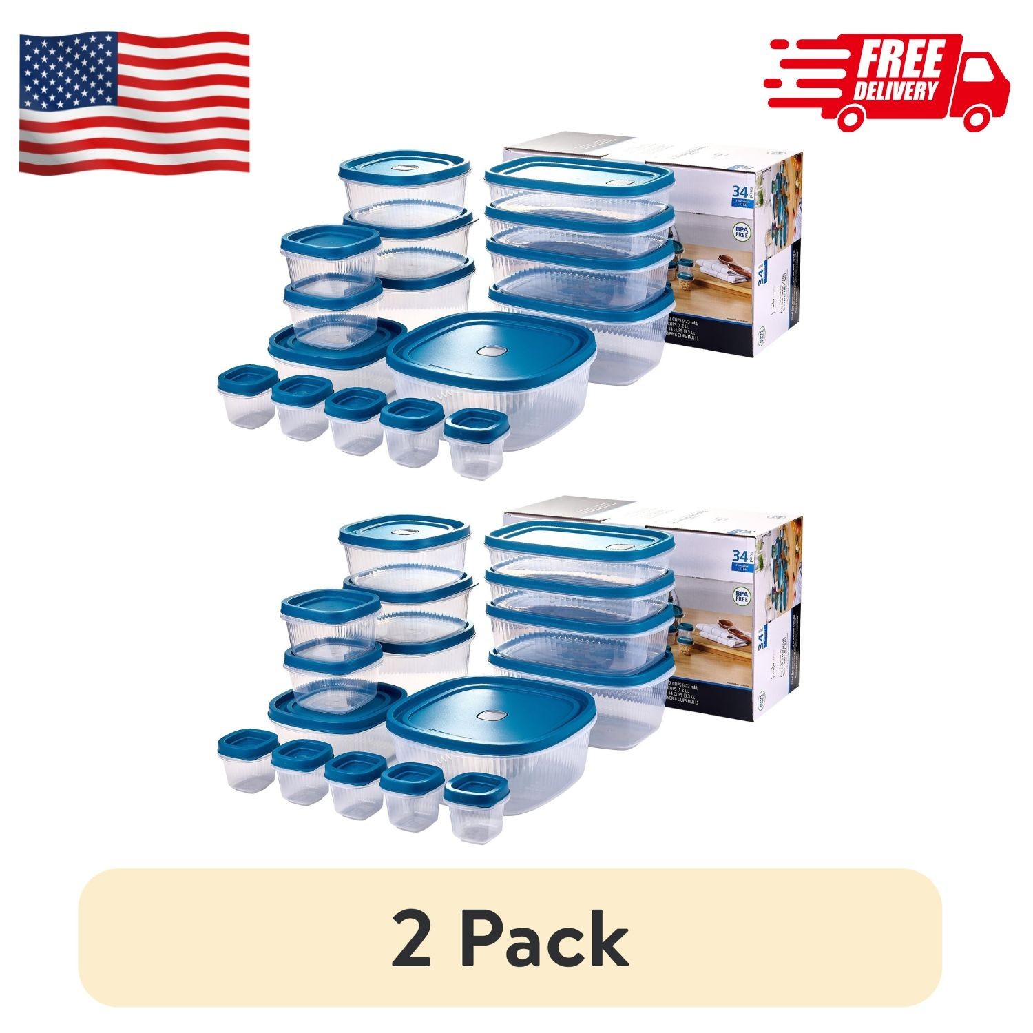 (2 pack) Reusable Food Storage Containers Set, Multi-Size, Plastic