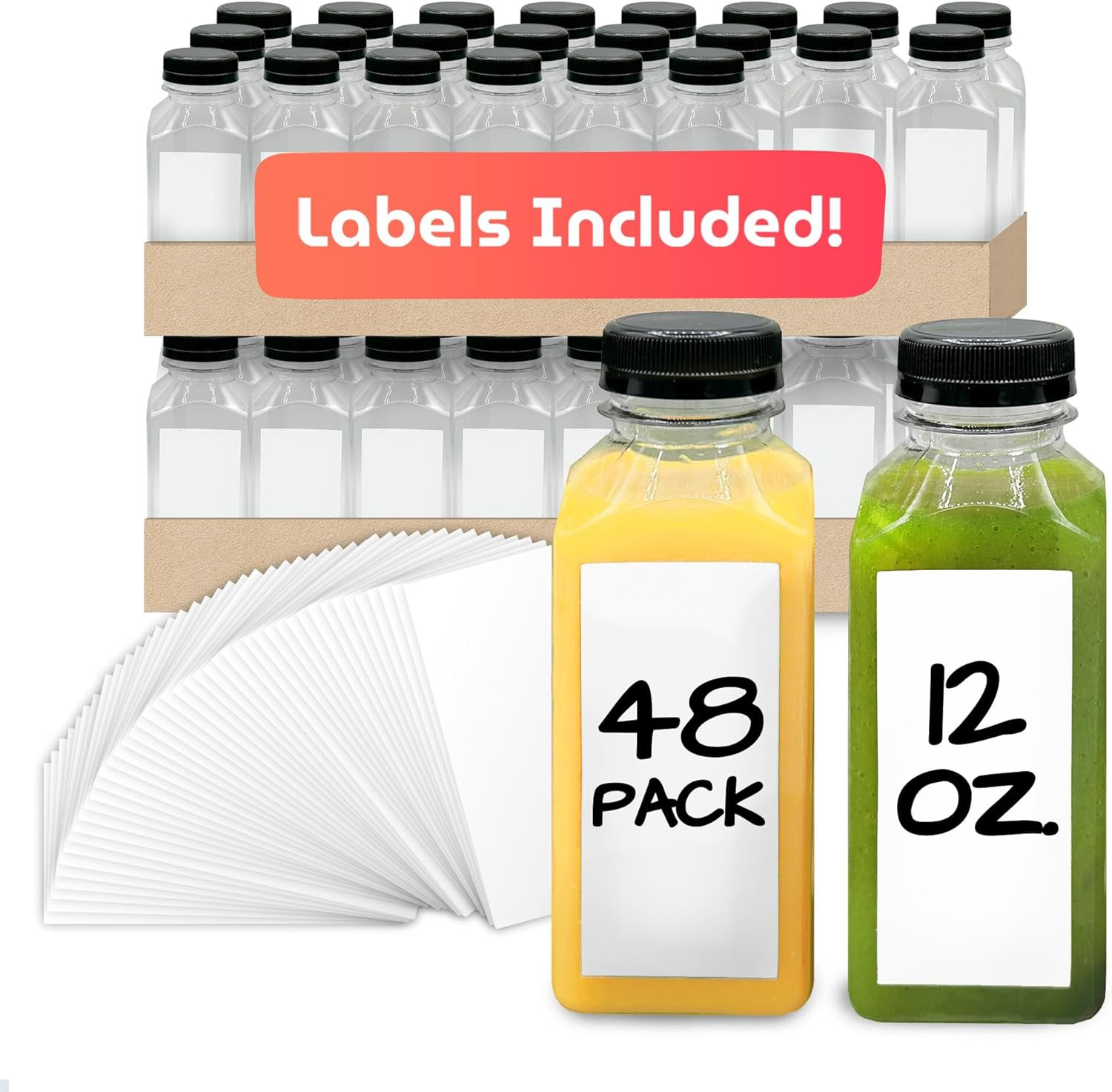 Reli. Plastic Juice Bottles (48 Pack, 12 Oz) Square Plastic Juice Bottles with C