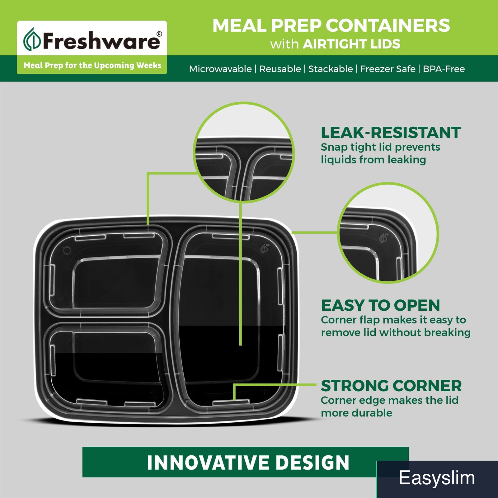 Meal Prep Containers 15 Pack 3 Compartment 32oz Bento Box Stackable