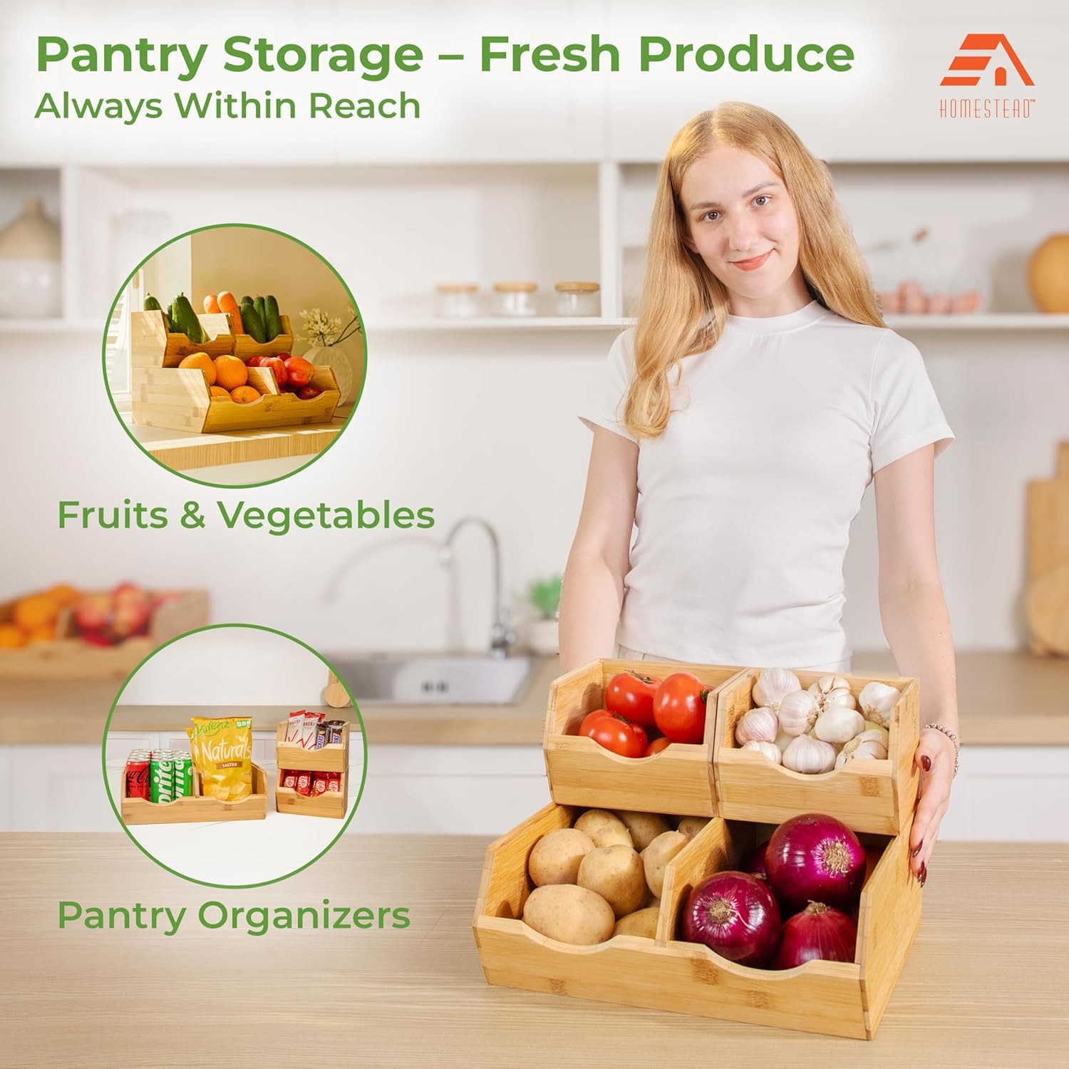 HOMESTEAD Bamboo Pantry Storage Bins – Potato & Onion Storage Bin for Pantry Org