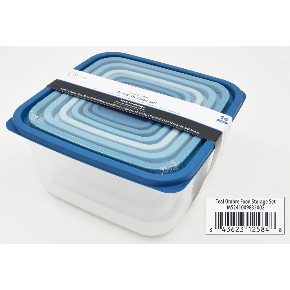 (2 pack) 14 Piece Teal Plastic Food Storage Set, Teal Ombre