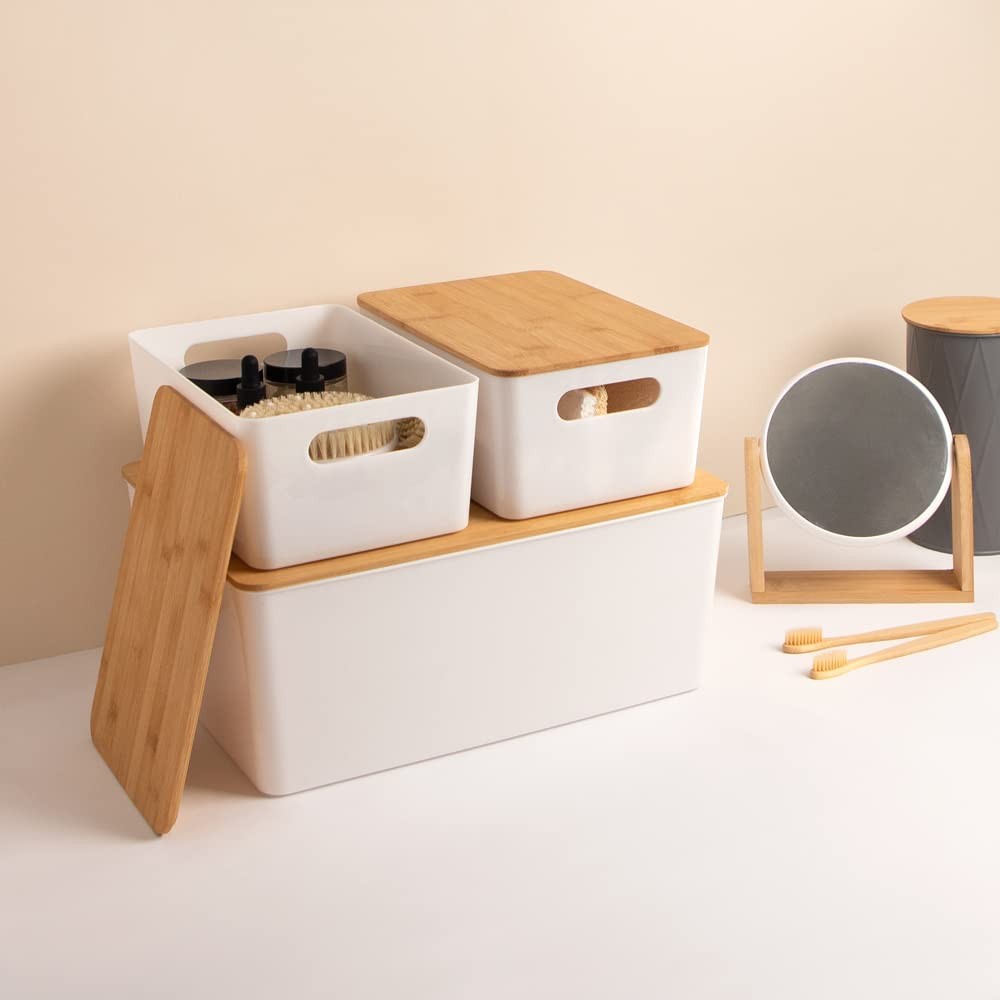 2-Pack Medium White Storage Bin Set w/Cut-Out Handles and Bamboo Lid, Plastic…