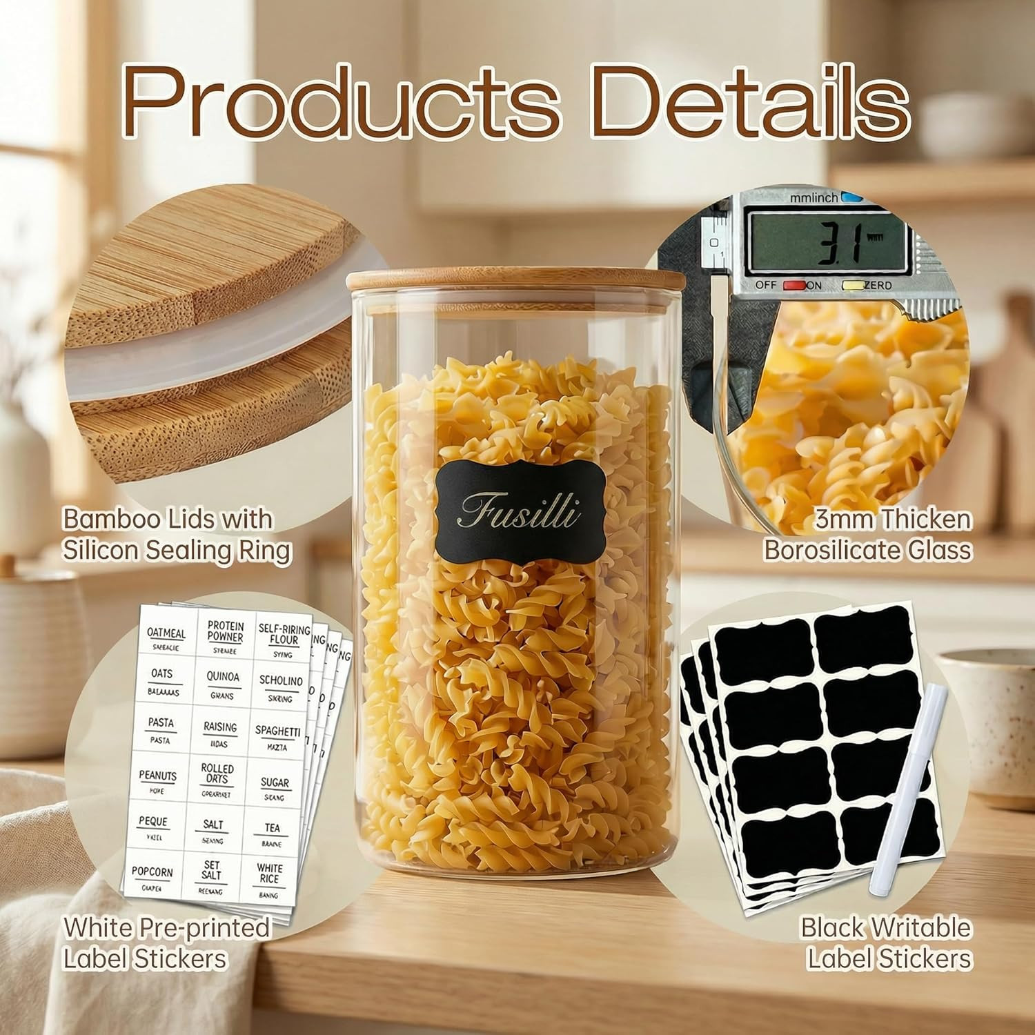 Extra Large Glass Flour and Sugar Storage Containers with Airtight Lids,132 F…