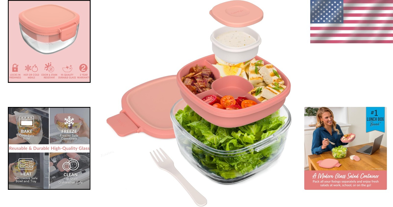 61-oz Glass Salad Bowl with Bento Tray & Leak-Proof Sauce Container – Coral