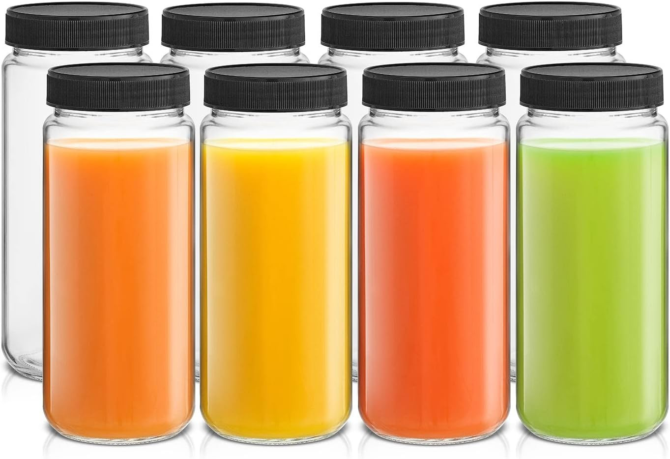 Set of 8 16oz Reusable Glass Bottles with Caps and Labels – Juice Smoothie Jars