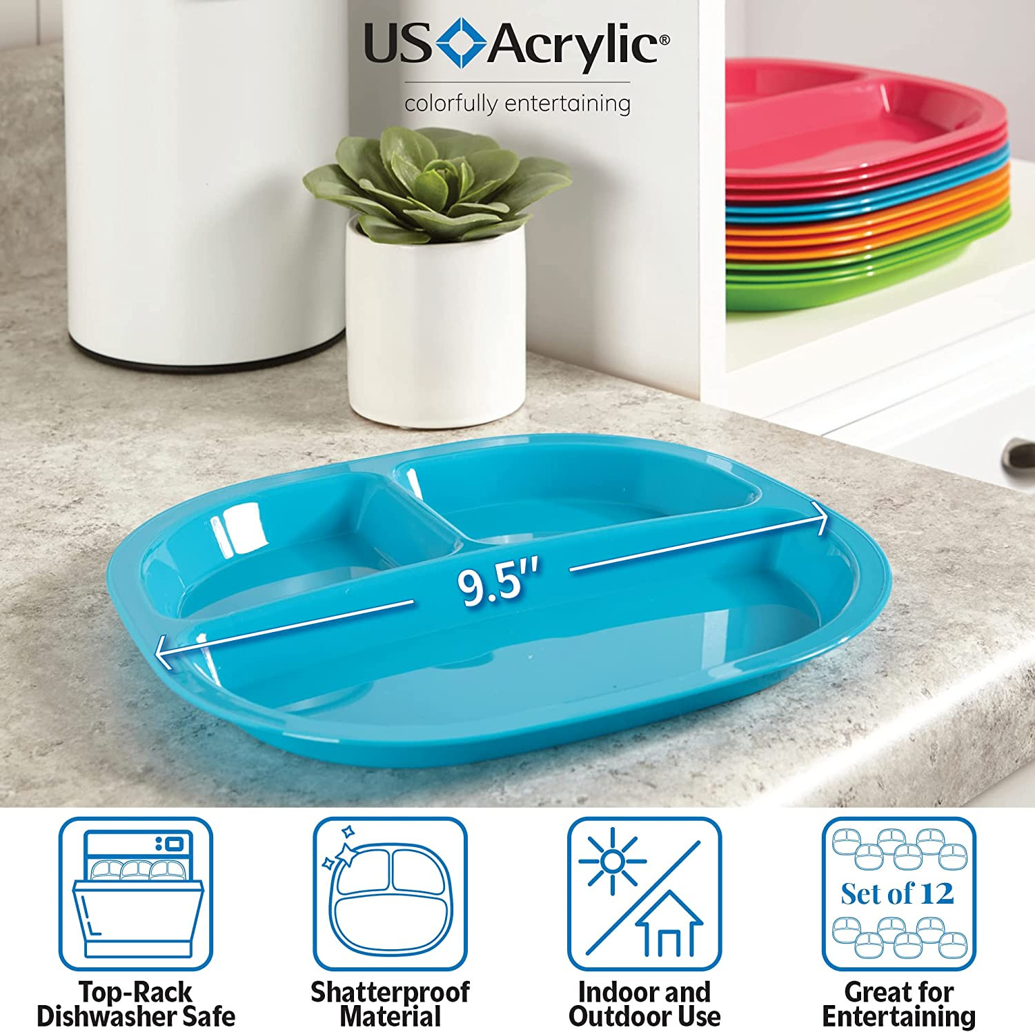 Harmony 3-Compartment Divided Plastic Kids Tray in 4 Calypso Colors | Set of 12