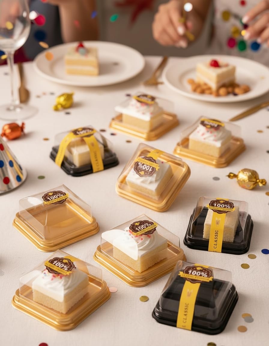 Wuqoioo Mini Cake Box, 100 Pack Clear Plastic 3.54 x 1.97 inches, Gold
