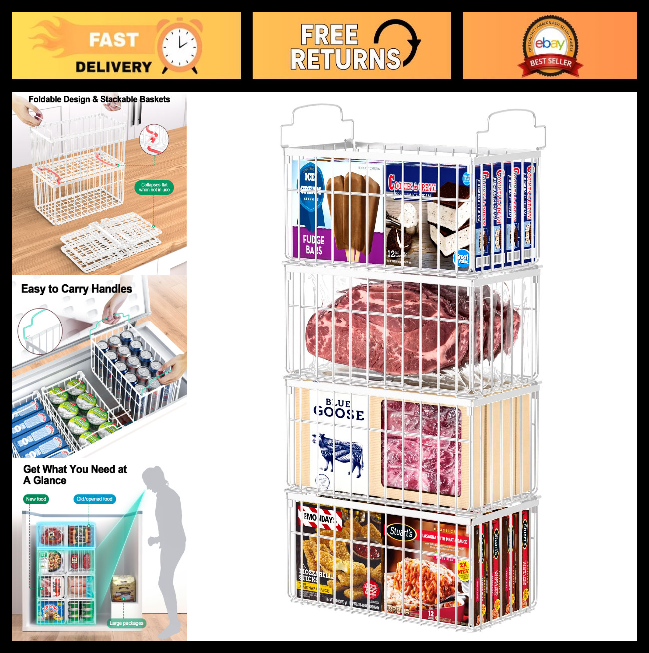Stackable Freezer Organizer Bins – 4 Pack Deep Storage Baskets with Handles, Whi