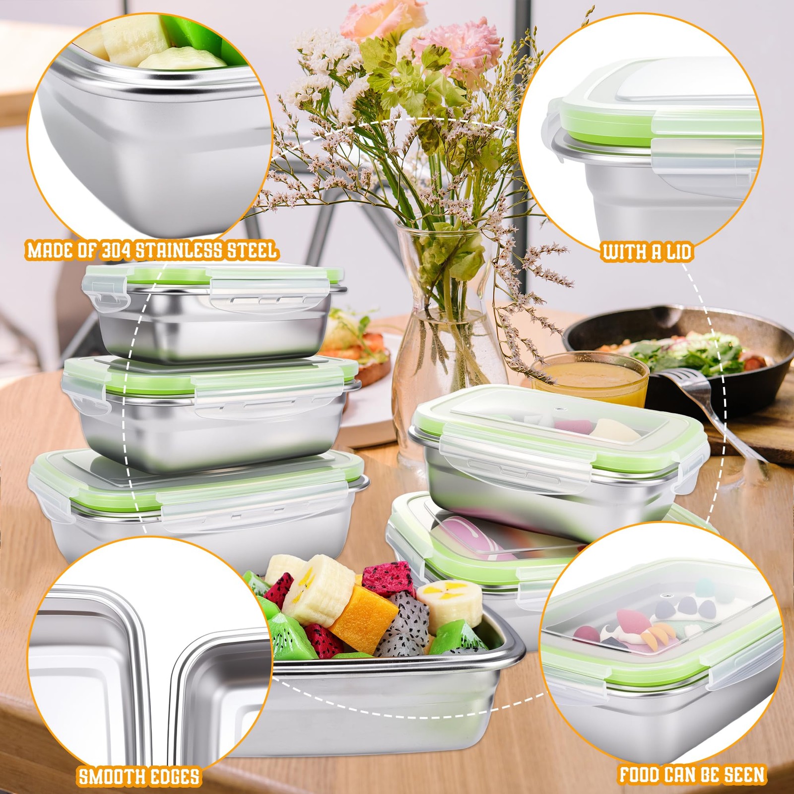 15 Pcs 304 Stainless Steel Food Containers with Airtight Lids Bento Lunch Box…