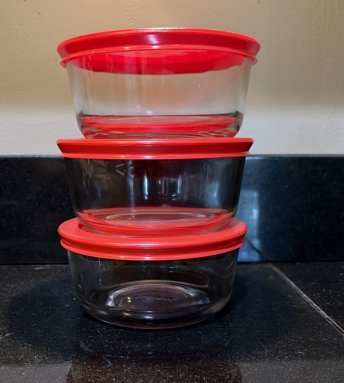 Set of 3 PYREX 7200 Clear 2 Cup Bowls Round Glass Storage with Red Lids READ