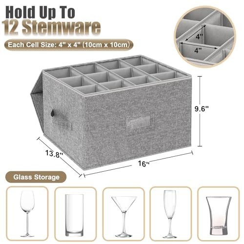 Wine Glass Storage Box with Dividers, 2-Pack Stemware Storage Containers w/Hard
