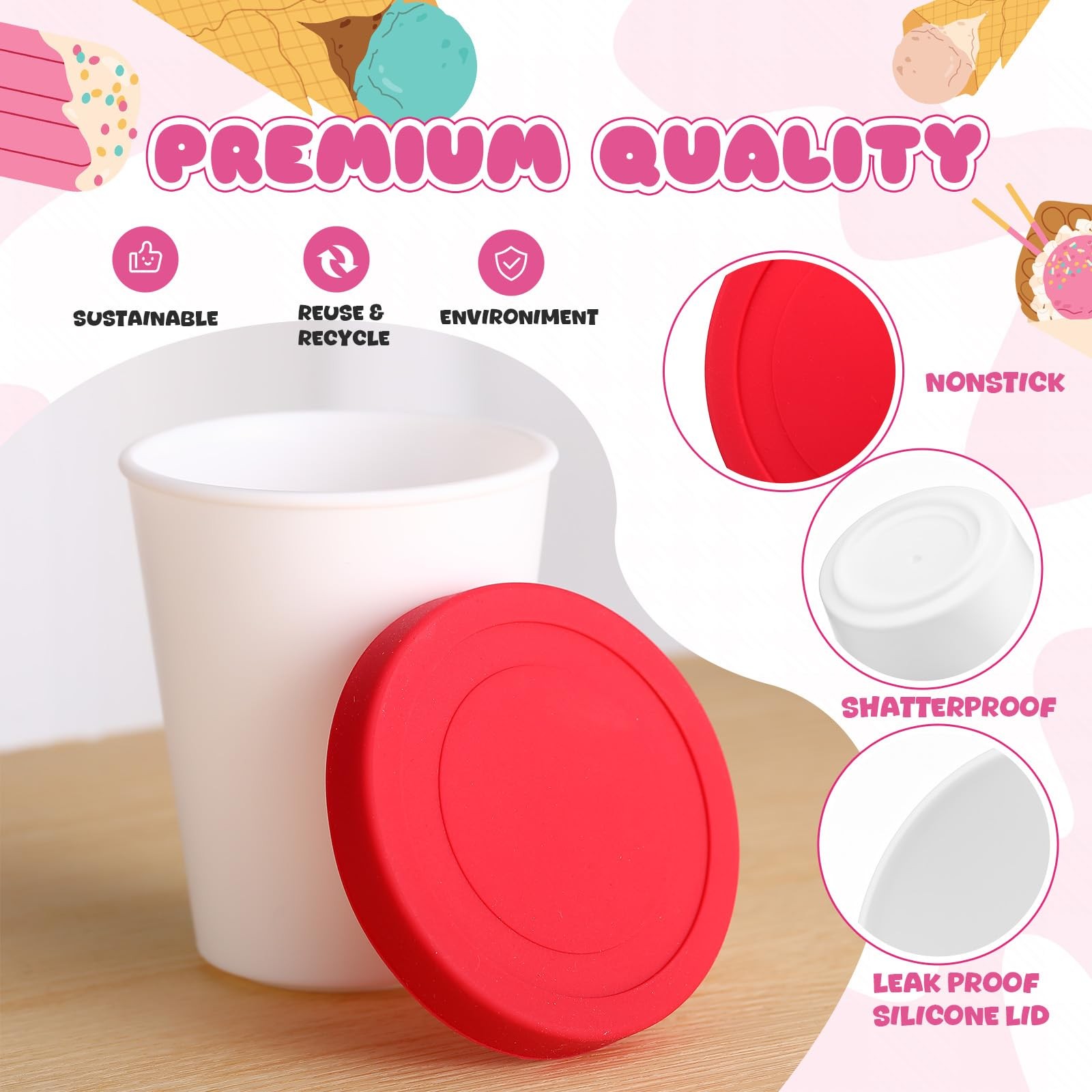 6 PCS Ice Cream Containers Set Silicone Lids 1.6 Quart 8oz Storage Tubs Cup
