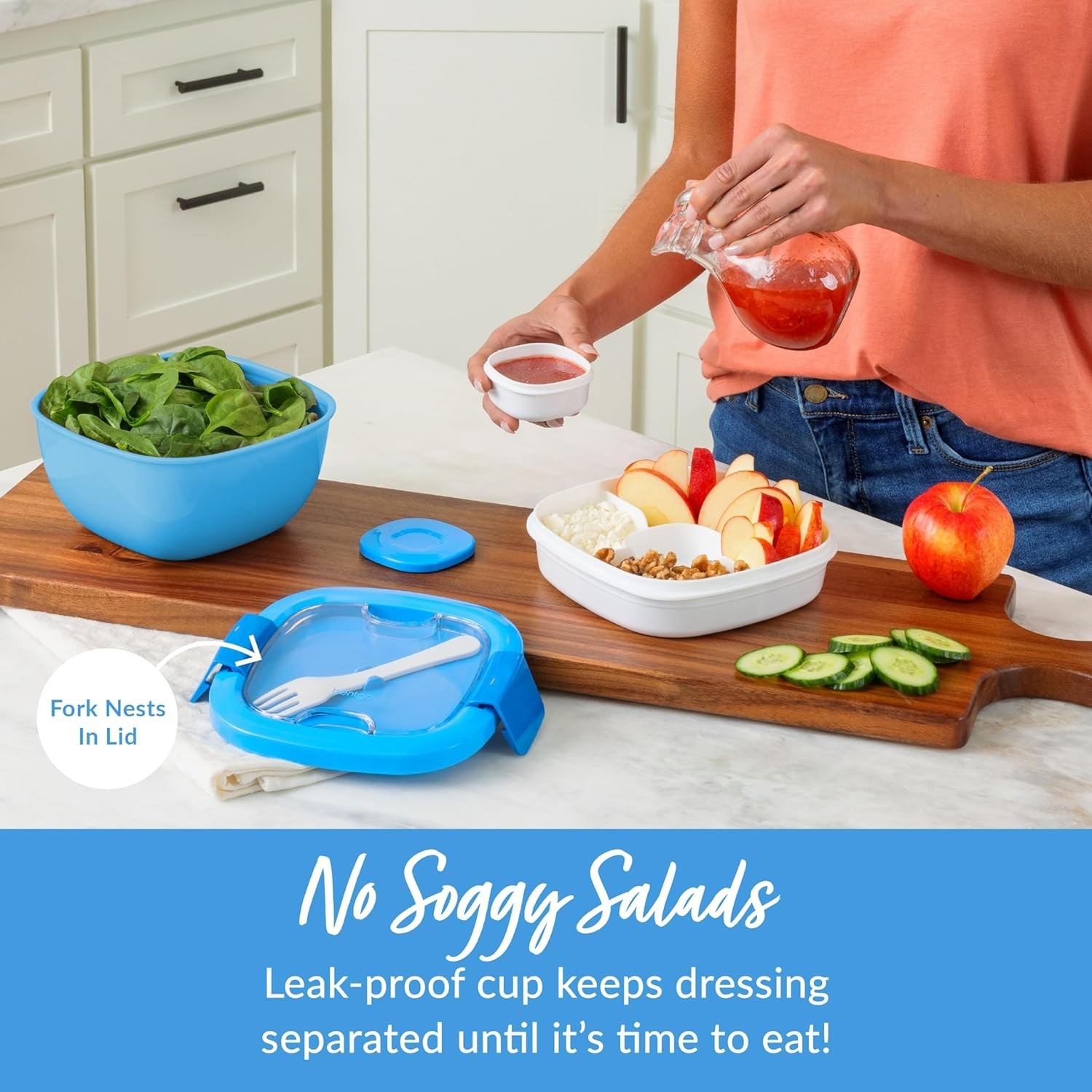 Adult Blue Salad Container with 4-Compartment Tray and Accessories