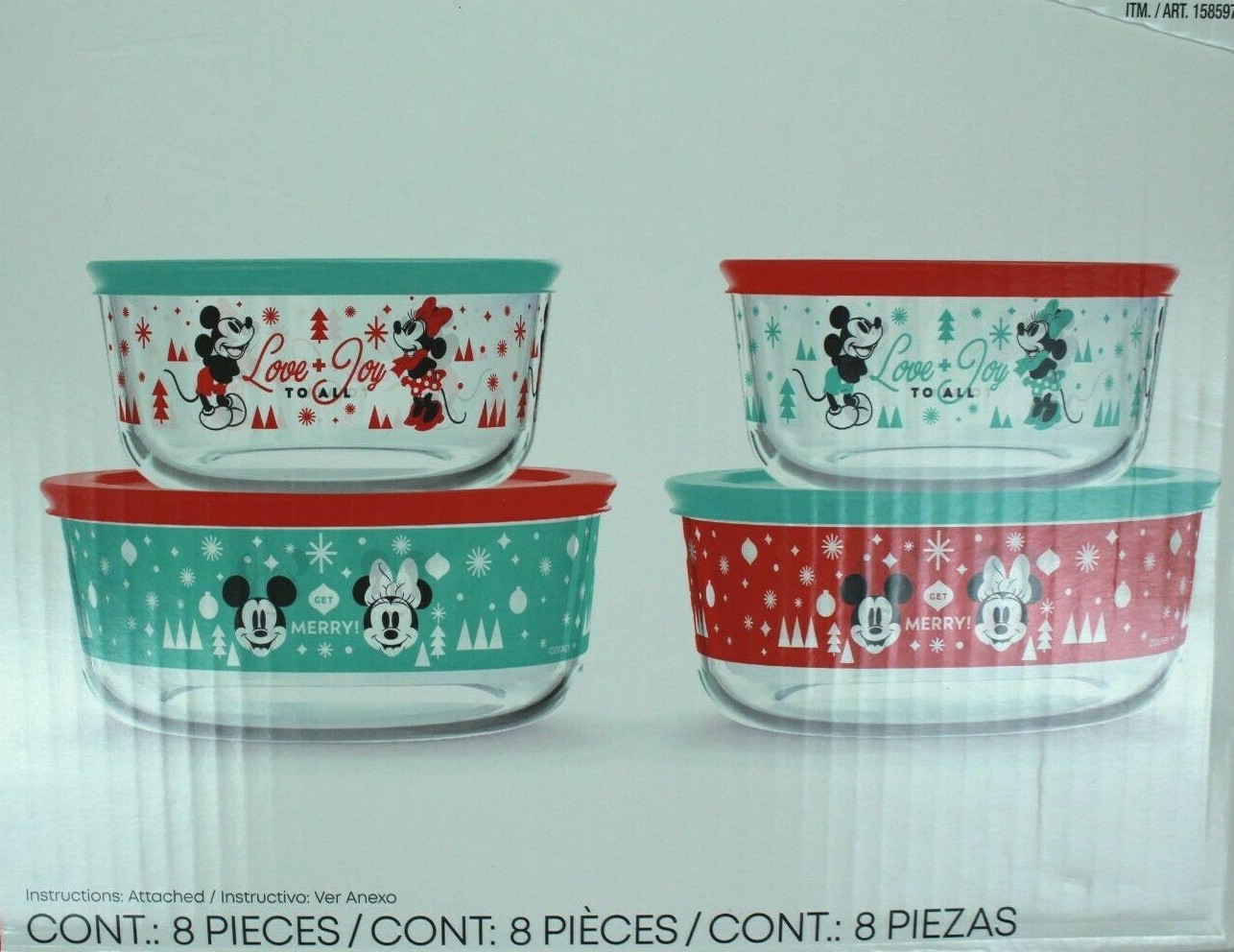 MICKEY AND MINNIE MOUSE CHRISTMAS DISNEY PYREX DECORATED GLASS STORAGE 8PC