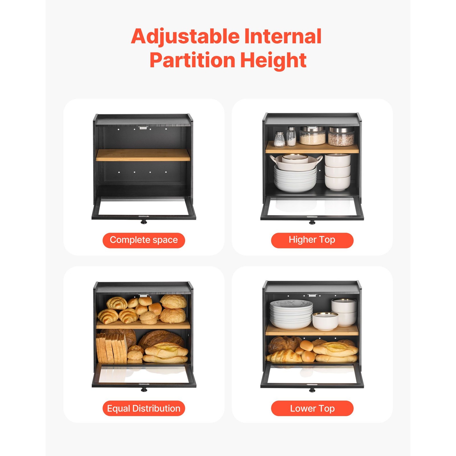 Double layer bamboo bread box with acrylic wavy door, large capacity for kitchen