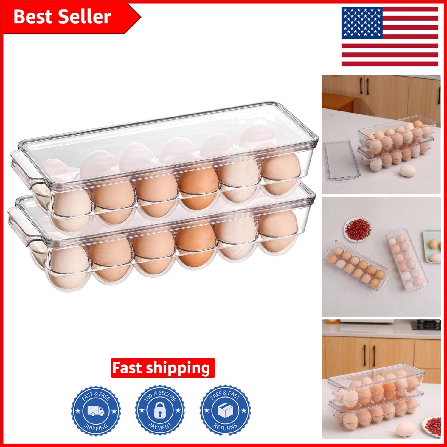 Clear Egg Storage Bin – 2 Pack Stackable Container Holds 12 Eggs