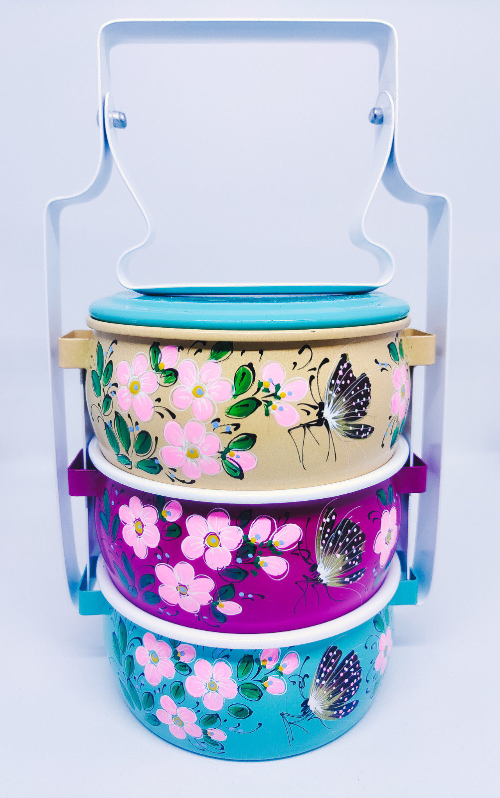 Metal 100% food safe 11cm. Hand-painted Thailand tradition Tiffin box