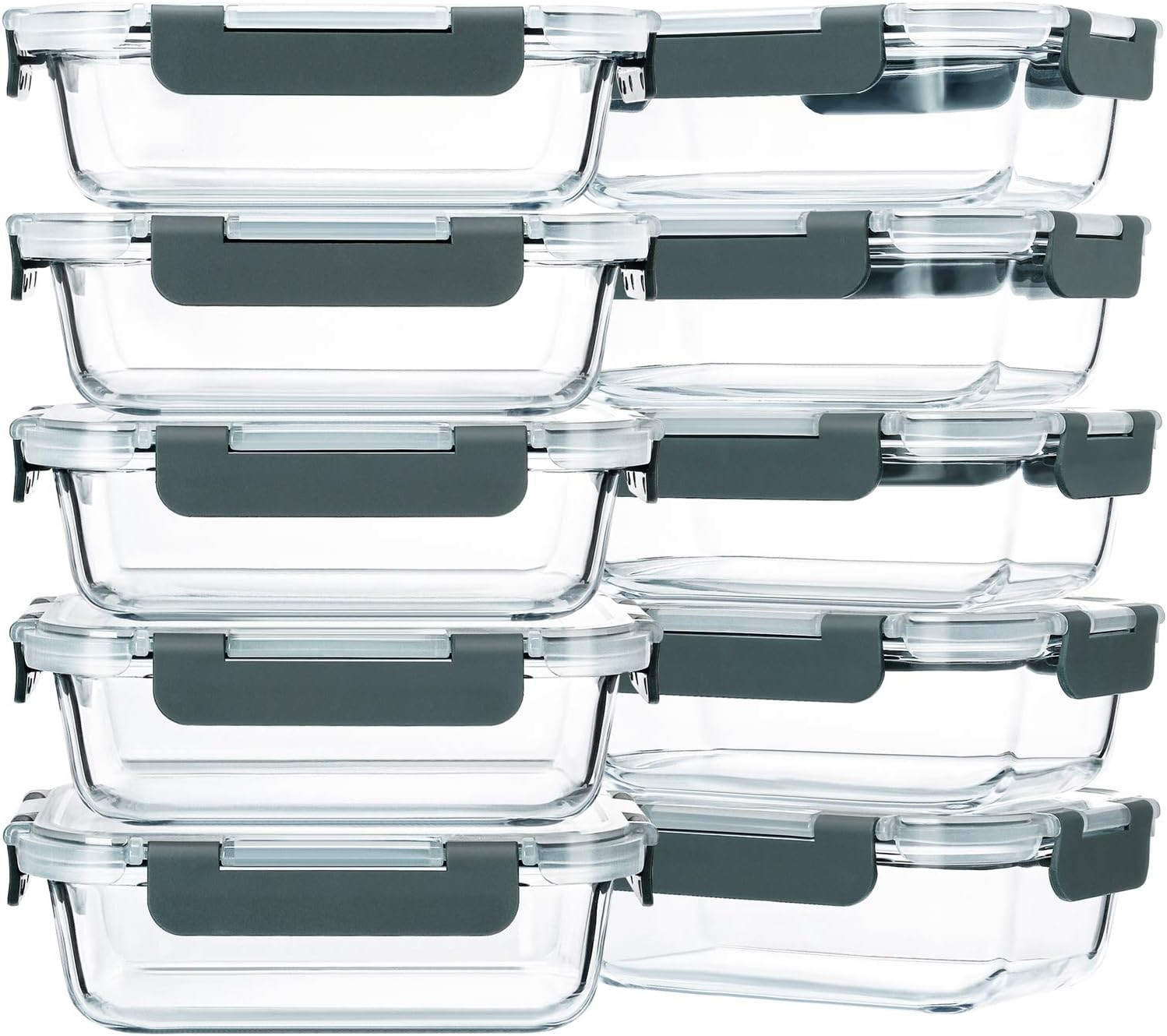 10-Pack 22 Oz Glass Meal Prep Containers with Lids, Microwave Safe, Gray