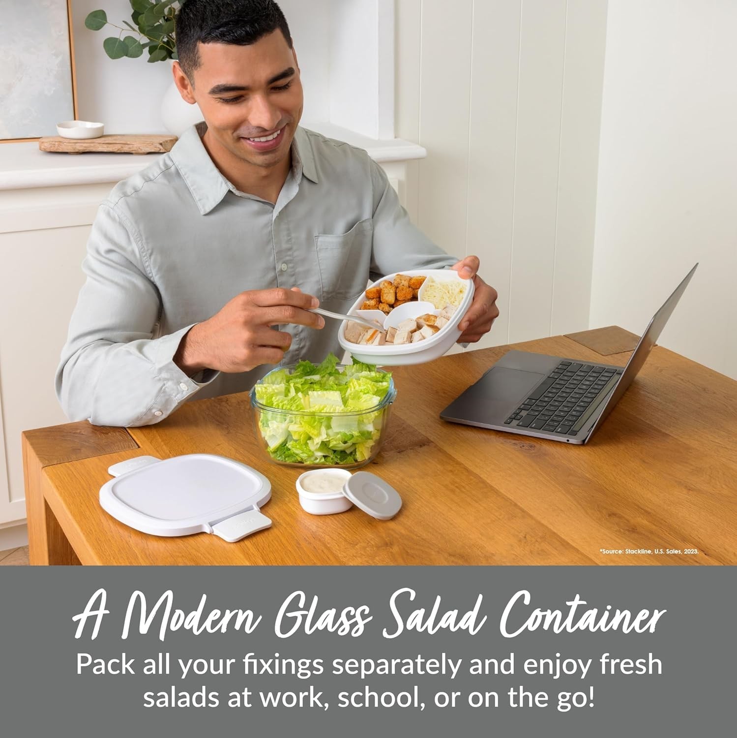 All-in-One Glass Salad Bowl – Airtight 61-oz with Bento Tray & Sauce Container