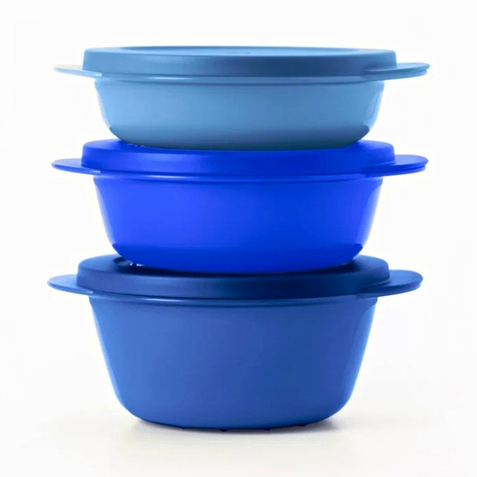 Tupperware CrystalWave PLUS Round 3-Piece Blue Snap Lid Container Set 310-400ml