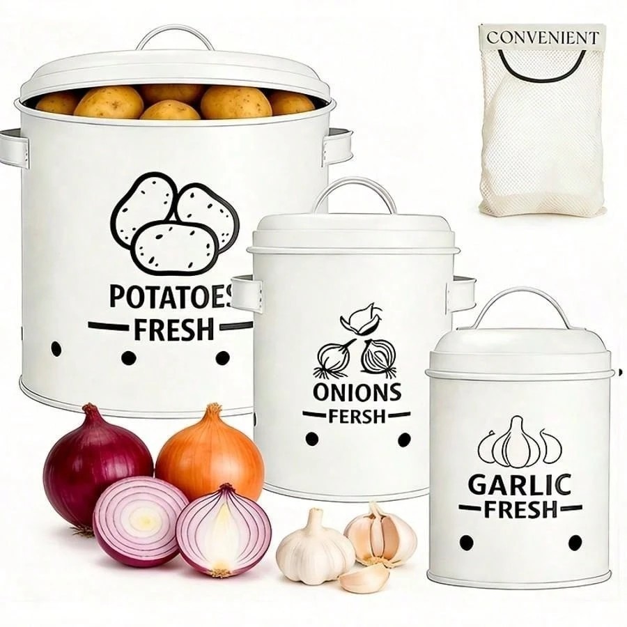 3Pcs Potato Onion Garlic Storage Bin Set Metal Kitchen Pantry Organizer Canister