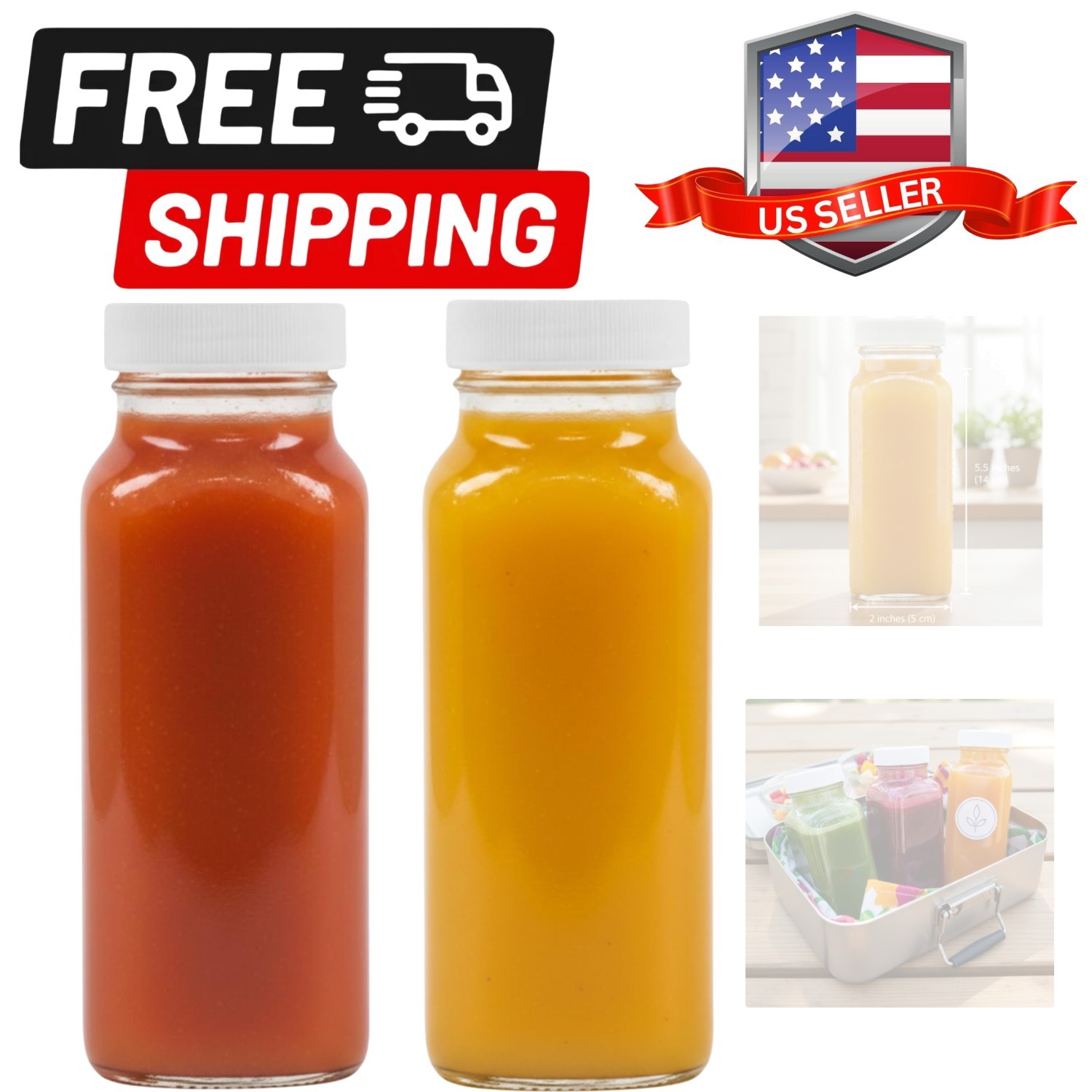 8oz Square Glass Juice Shot Bottle with Lid – 2 Pack 8 oz Milk Glass Bottles …