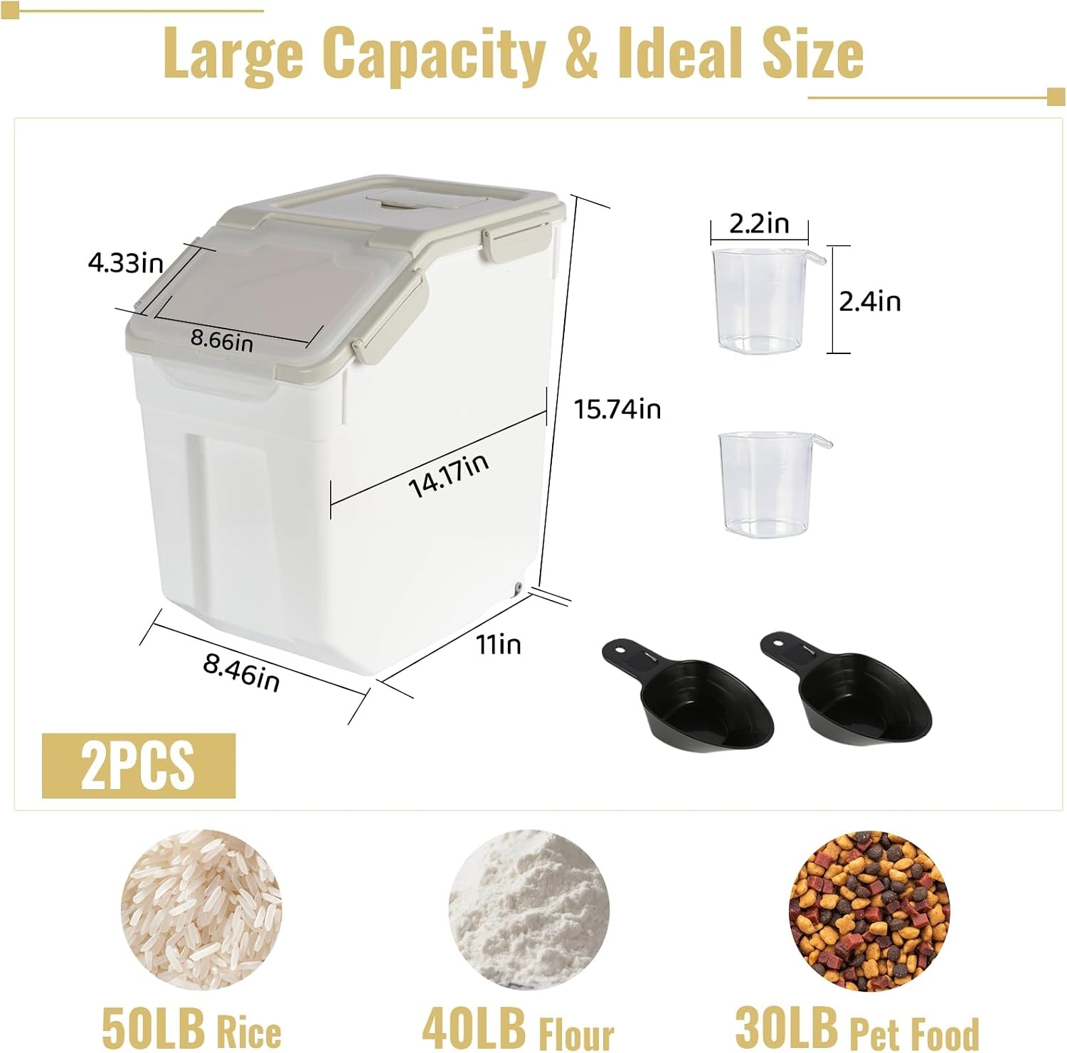2 Pack Rice Container 50 lbs Large Bulk Flour Sugar Storage Holdhouse Plastic