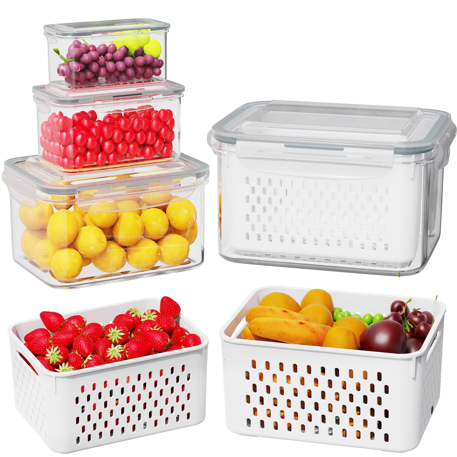 4 Pcs Fruit Storage Containers for Fridge (with Drain Basket) – Leak-Proof Fo…
