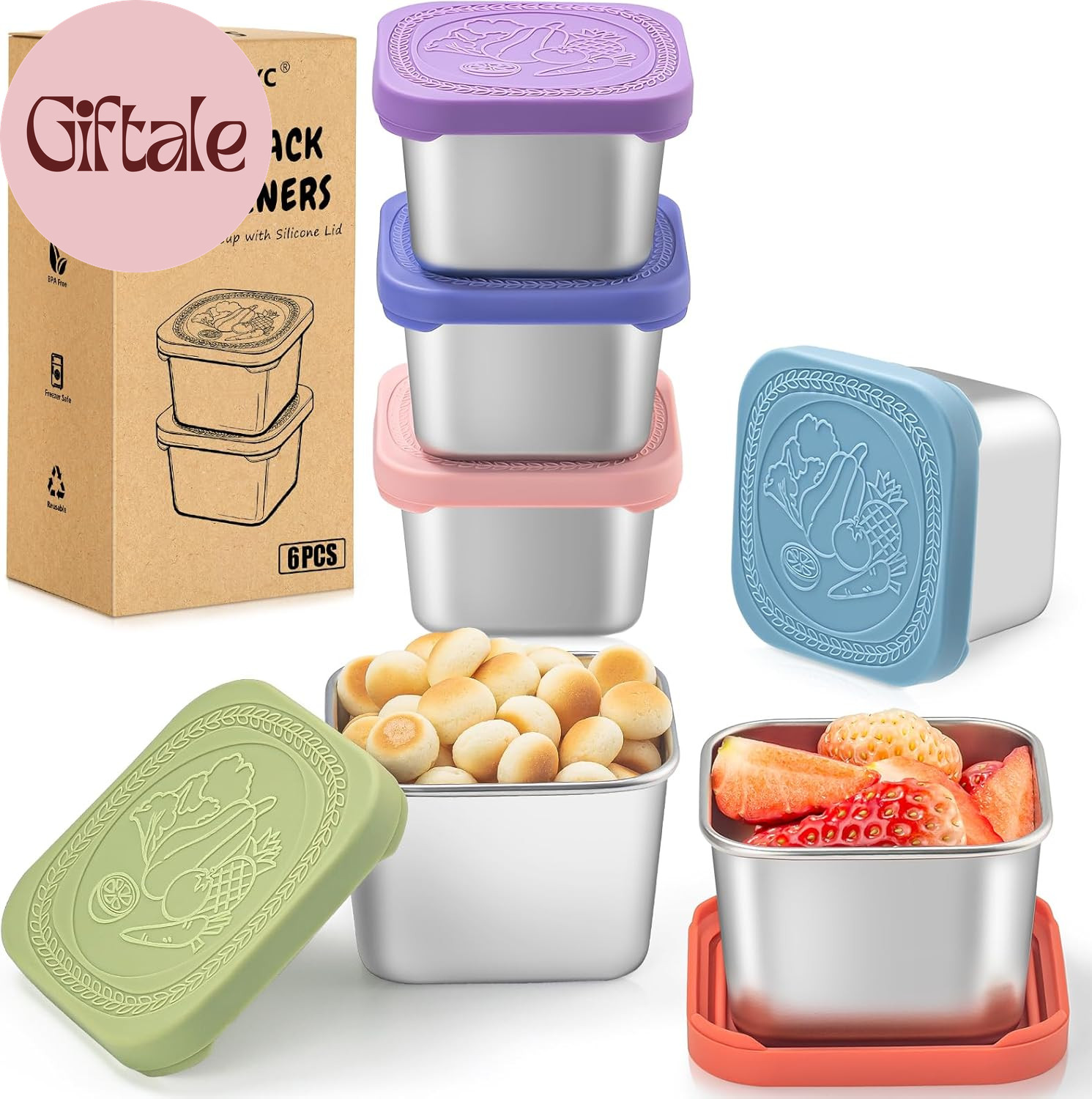 6 Oz Stainless Steel Snack Containers for Kids – 6 Pack Metal Food Containers wi