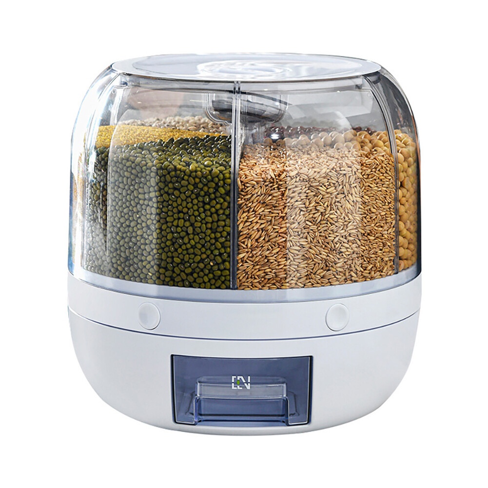 Rice Dispenser Dry Grain Food Storage Container Tank 6-Grid Rotating for Kitchen