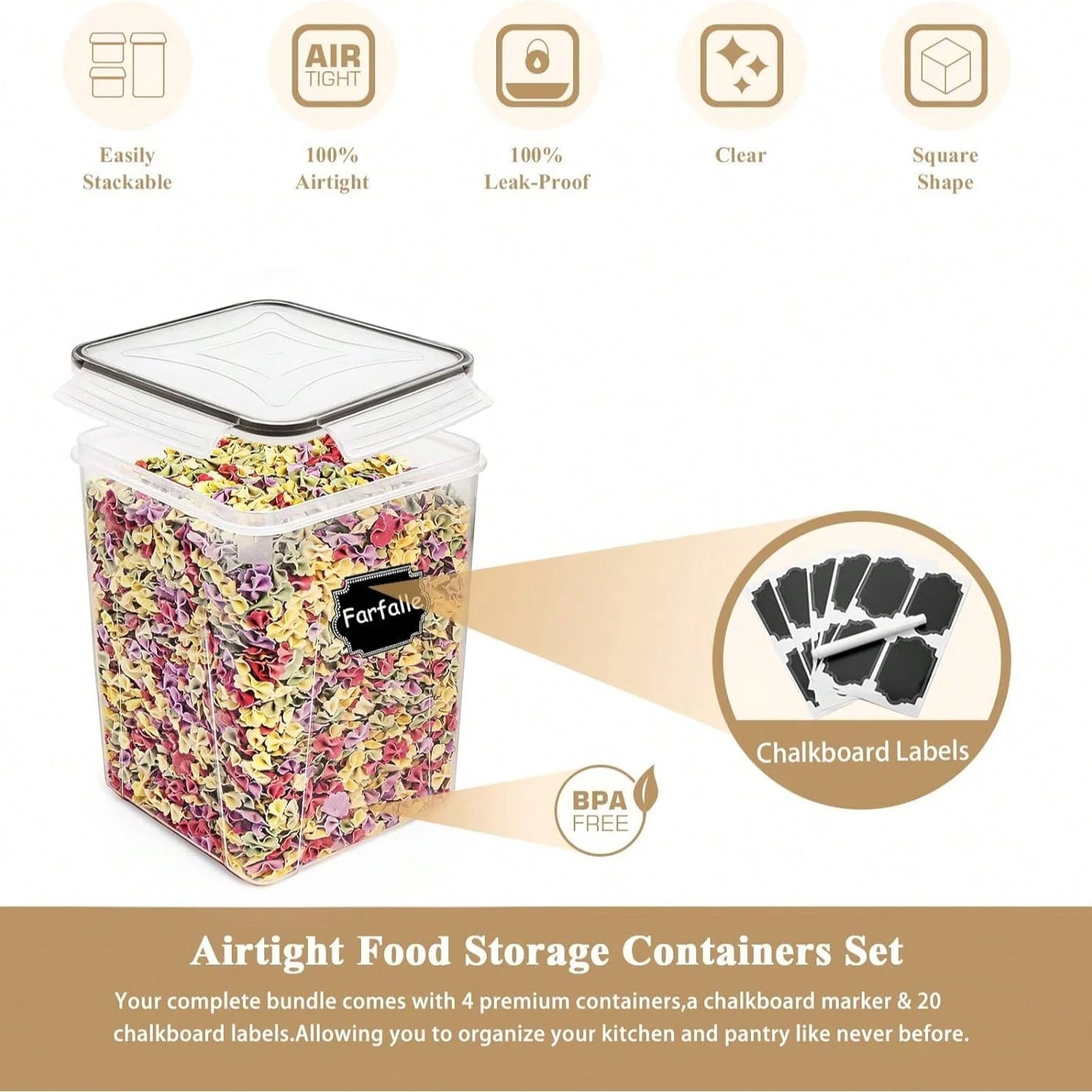 4pc 5.2L Airtight Food Storage Containers Pantry Canisters Labels