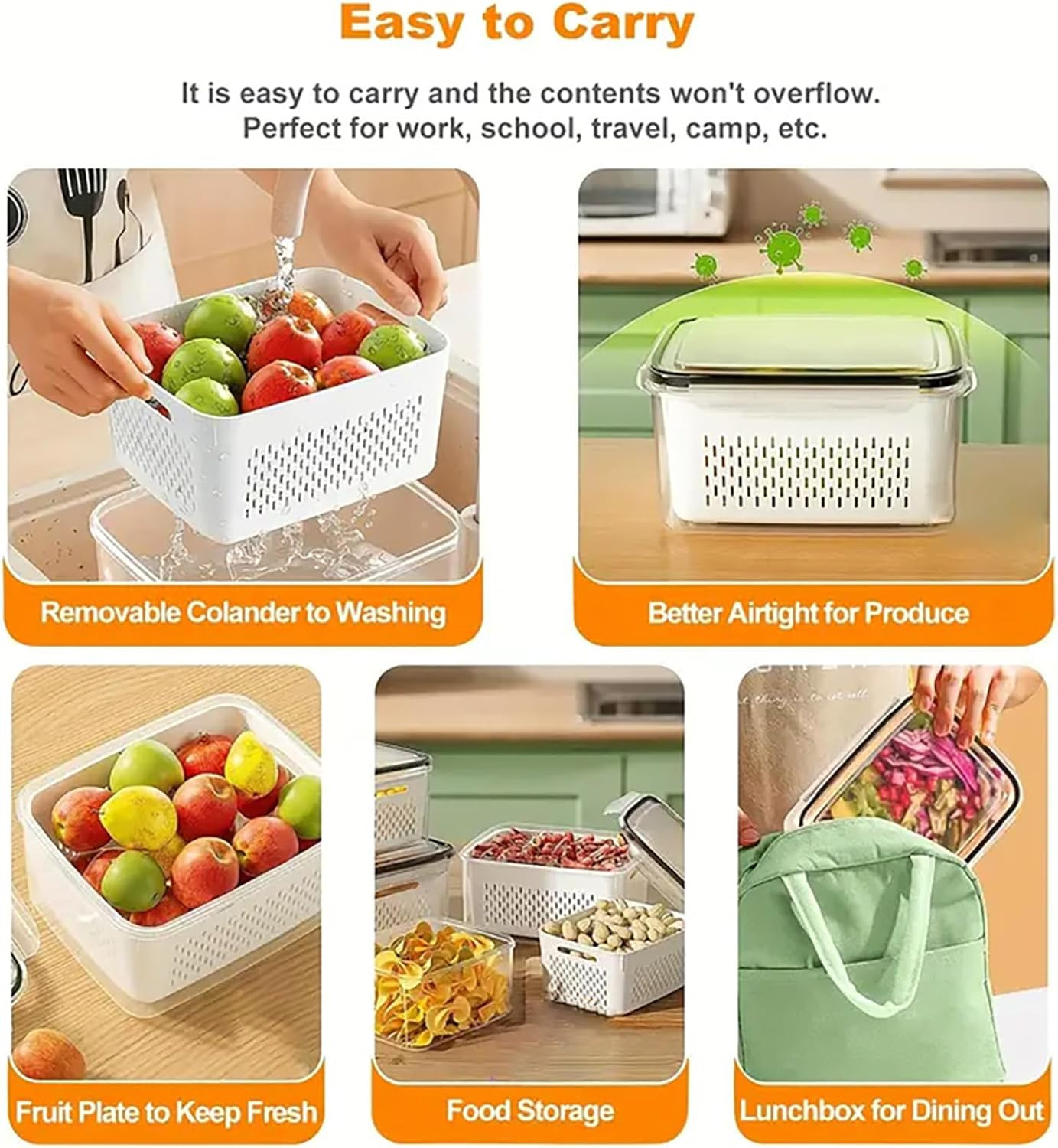 3Pcs 4 in 1 Fruit Containers for Fridge with Removable Colanders and Lids, Airti