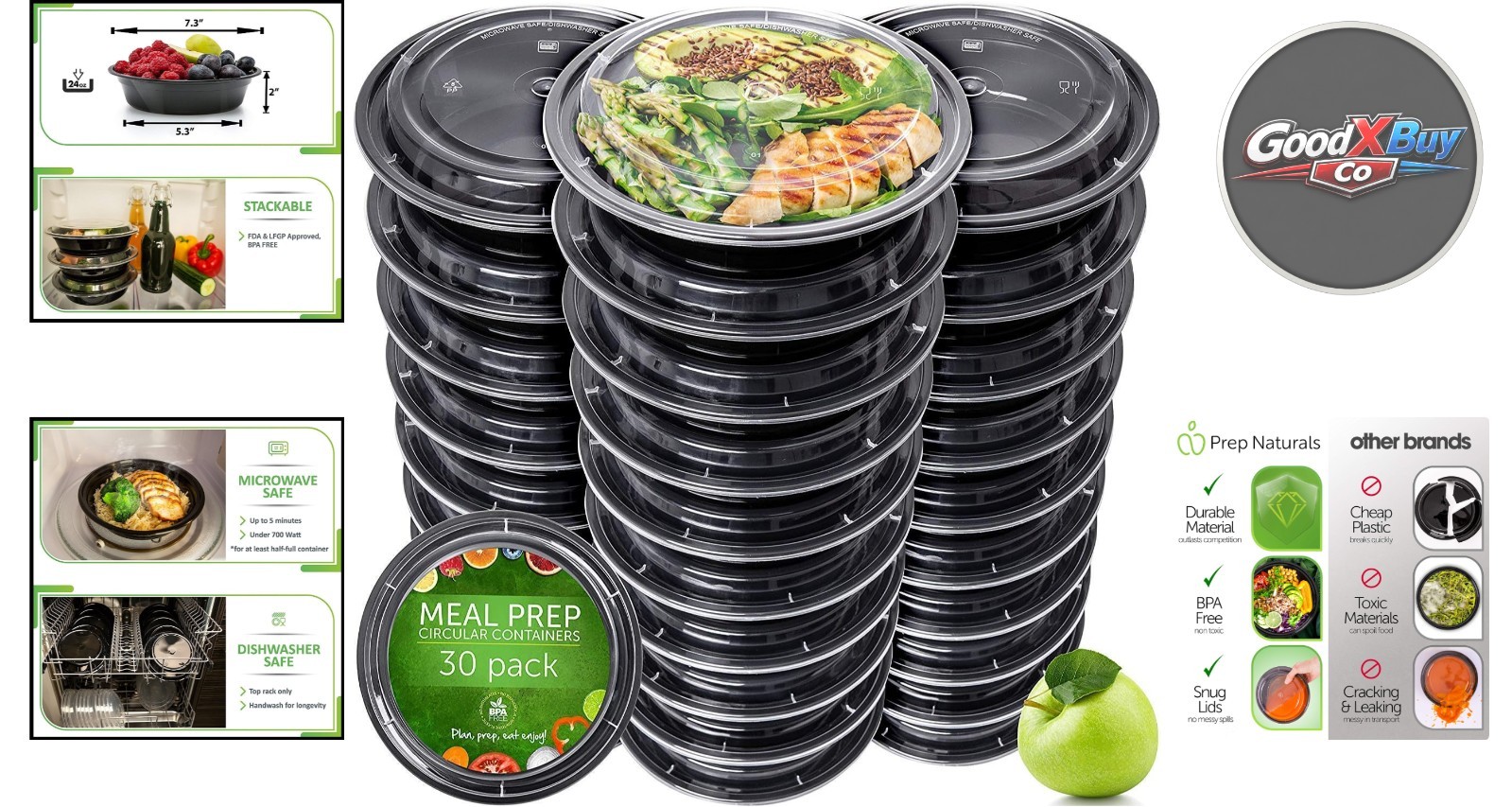 PrepNaturals 30 Pack Meal Prep Containers – 24oz Plastic Bowls with Lids