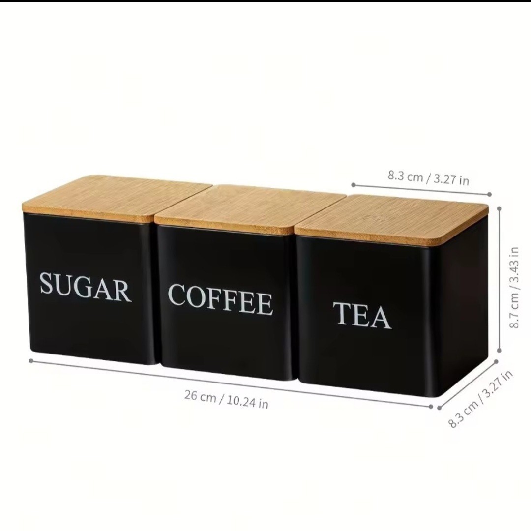 3Pcs/Set 500ml Black Metal Storage Containers with Bamboo Lids